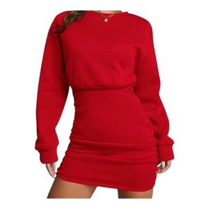 INWAYLA  RED ROUCJED LONG-SLEEVED MINI SWEATER DRESS FITTED.
